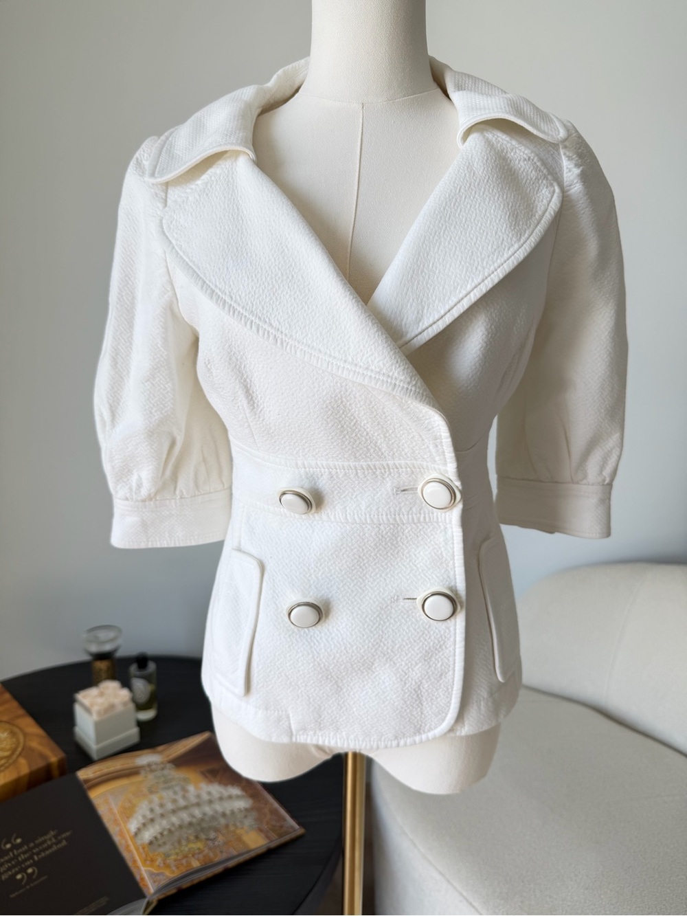 Dolce & Gabbana White Textured Double-Breasted Jacket Belted Size IT 38 $675